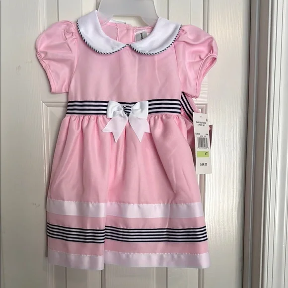 Rare Editions Pink Dress with Navy Striped Accents and Bow with matching hat - Picture 2 of 14